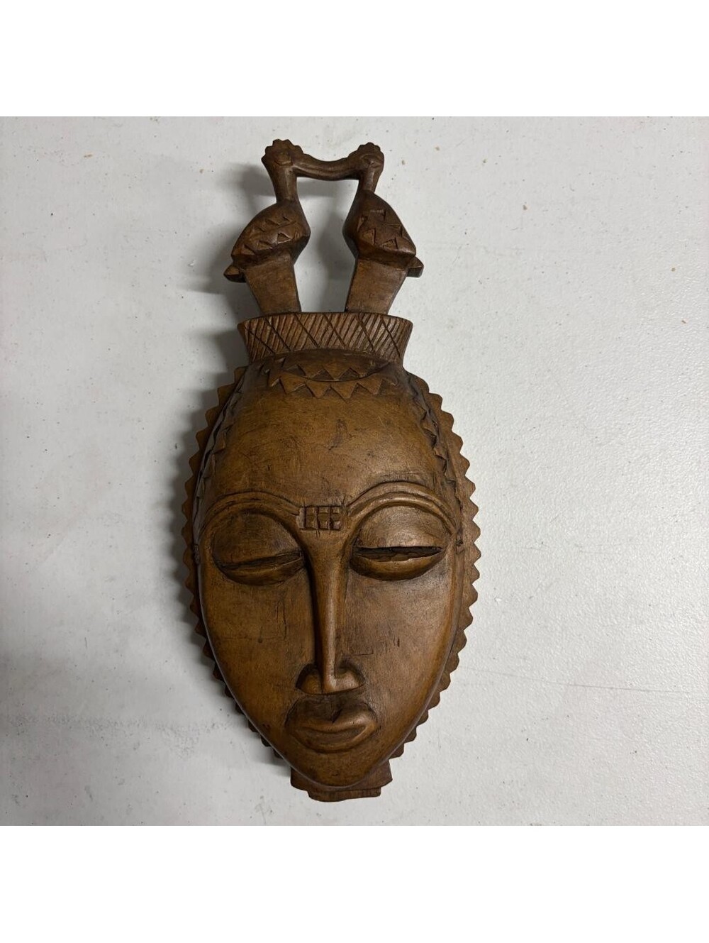 Vintage Hand Carved African Wooden Mask Baule Guro Style Birds Wall Hanging 14"